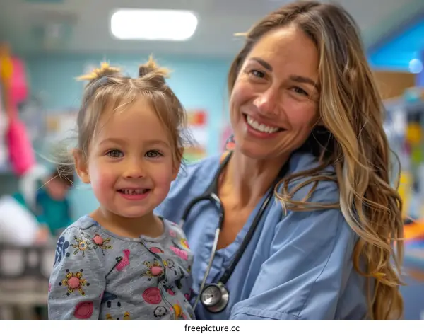Toddler girl smiling with female doctor or nurse practitioner