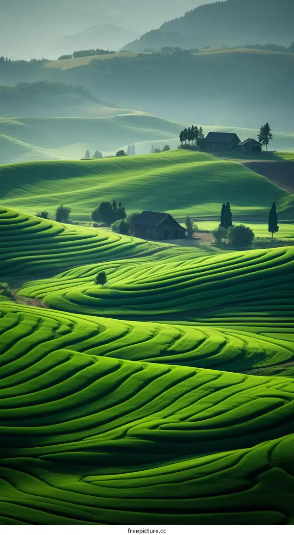 Green rolling hills with a barn in the distance