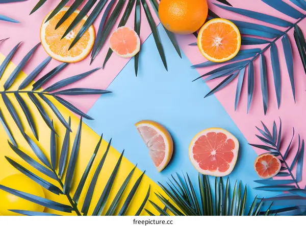 Summer Fruit Background with Palm Leaves and Citrus Slices