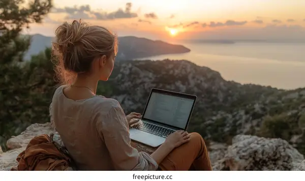 Woman Working on Laptop at Sunrise Mountaintop View