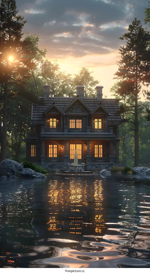 Sunset View of a Wooden Cottage With Windows Glowing