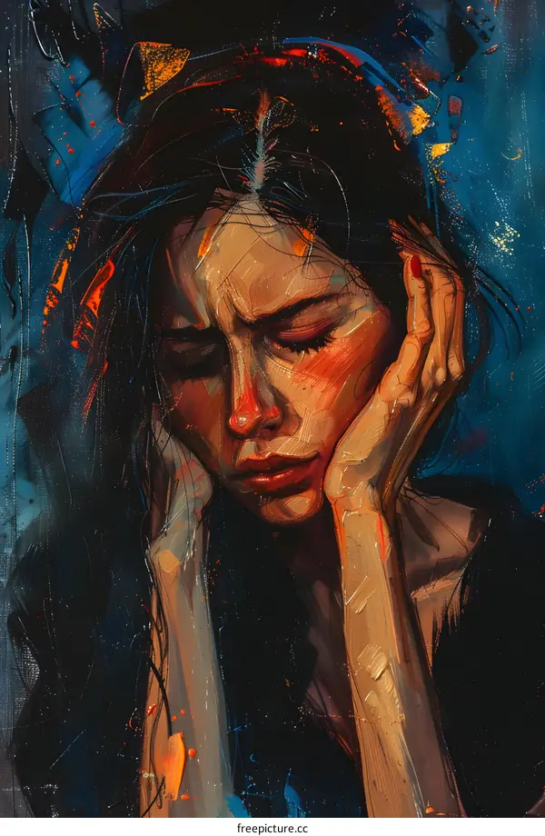 Oil Painting of Woman with Closed Eyes and Hands on Face