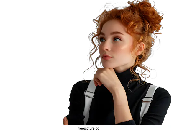 [Transparent Background PNG]portrait of a beautiful redheaded woman in a black turtleneck sweater