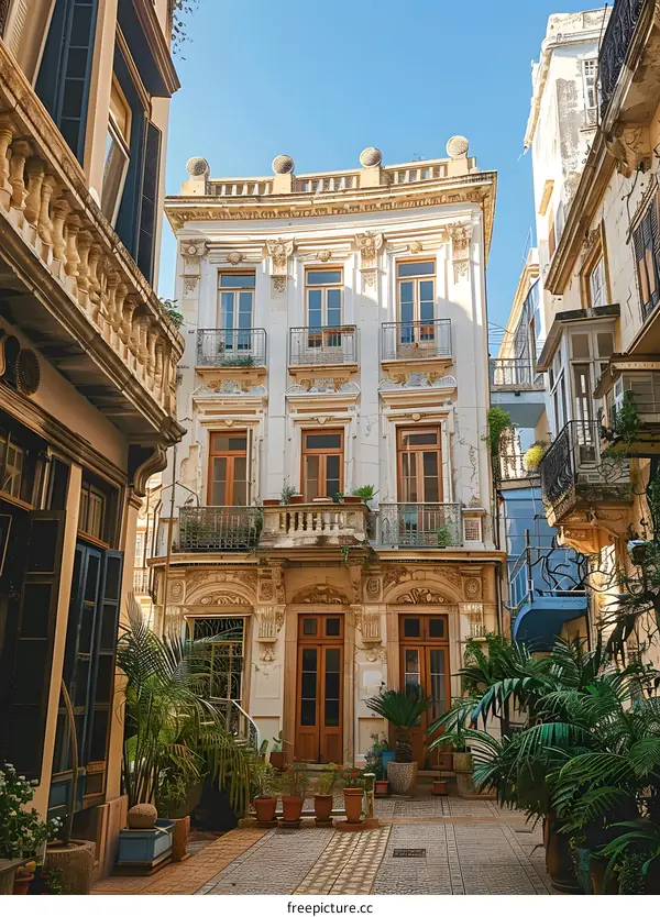 The courtyard of an old building with plants