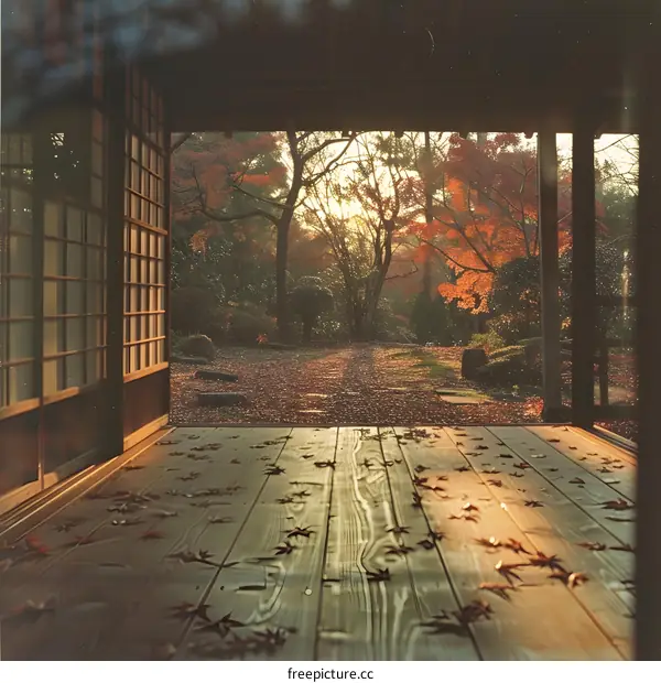 Wooden縁側縁側 with fallen leaves in autumn