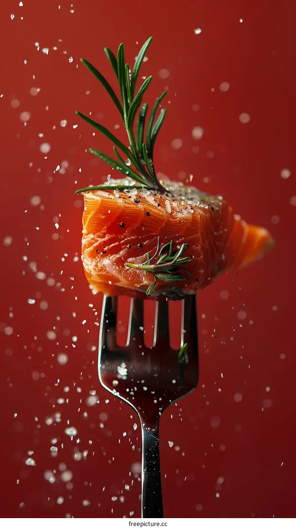 A Piece of Salmon Fillet on a Fork Garnished with Rosemary