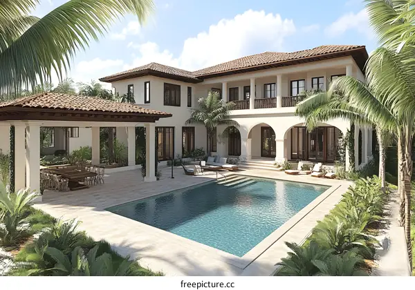 Modern Mediterranean Style Home Exterior Design with Pool and Patio