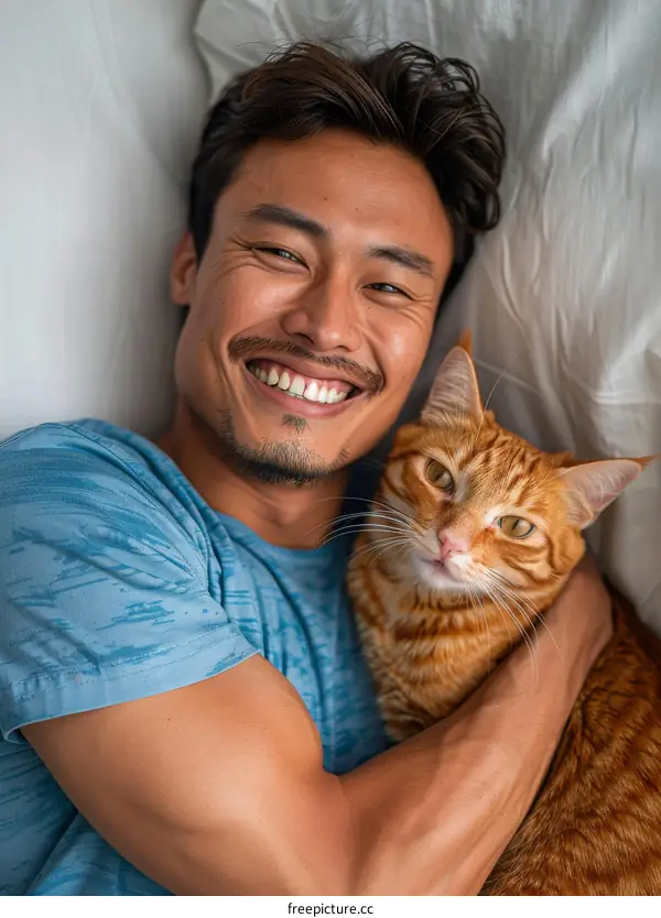 A smiling Asian man hugging an orange cat