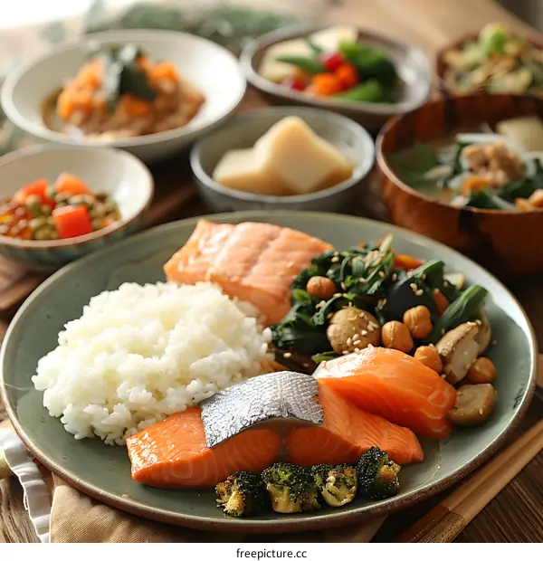 Japanese Salmon Rice Bowl With Side Dishes