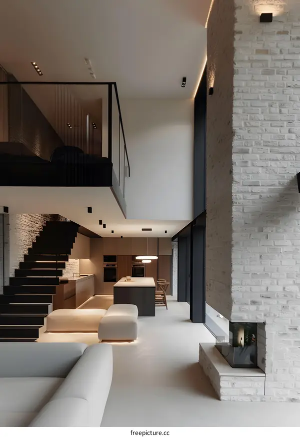 Modern Open Plan Living Room with White Brick Wall and Fireplace