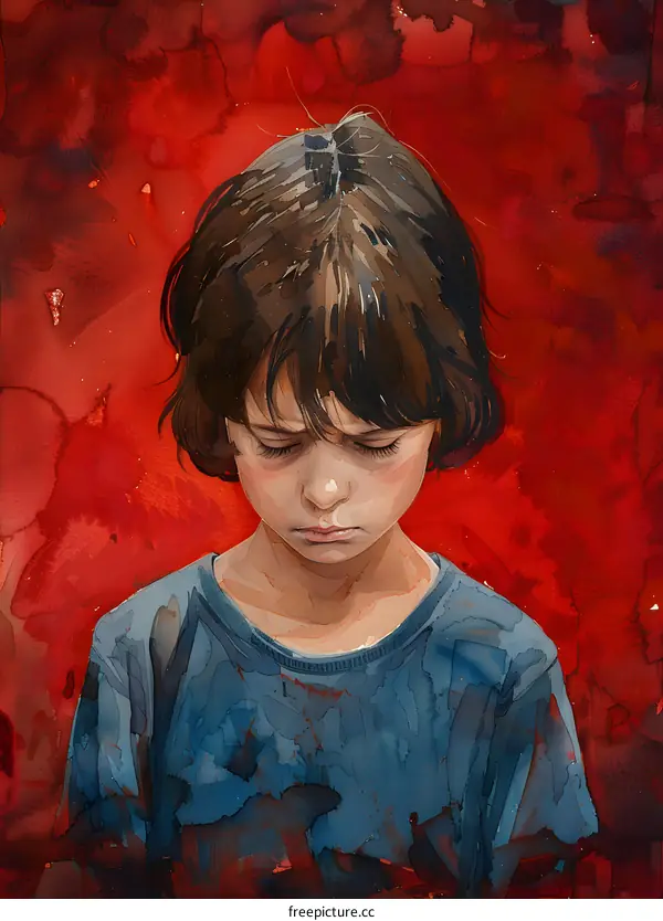 watercolor portrait of a sad looking child with brown hair wearing a blue shirt against a red background