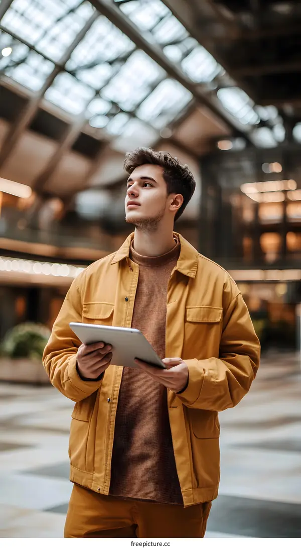 Young Man Using Digital Tablet In Modern Building