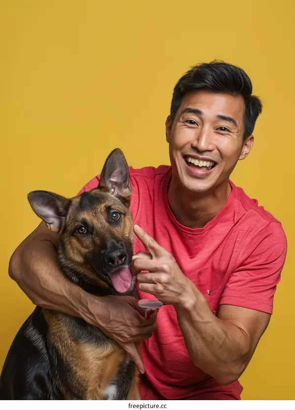 Portrait of a happy Asian man with his German Shepherd dog