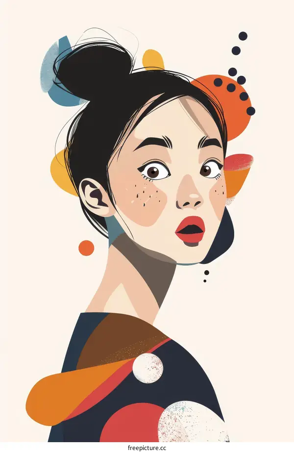 Surprised Asian woman with freckles and black hair bun