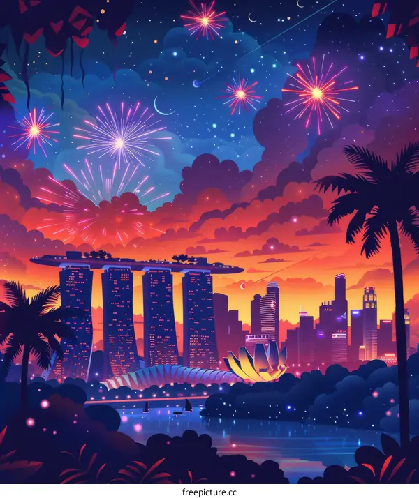 A vibrant illustration of the Singapore skyline with fireworks