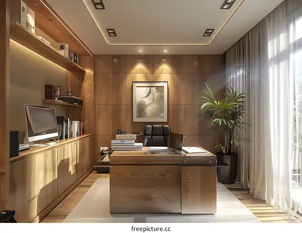 Office interior with wooden wall paneling and large windows