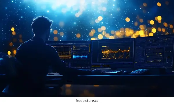 Focused Programmer at Night with Multiple Monitors
