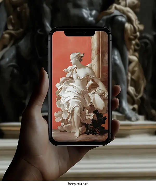 Hand Holding Smartphone with a Renaissance Painting of a Woman