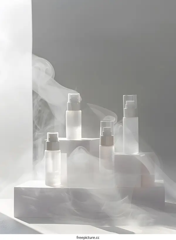 Four white cosmetic bottles with white background and white fog
