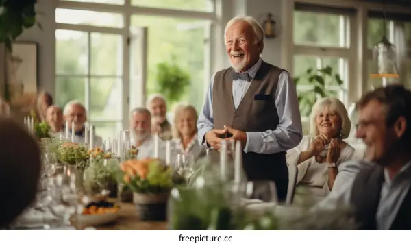Happy senior man giving a speech during family dinner