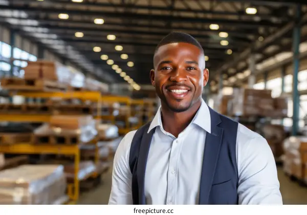 Portrait of a smiling African American businessman in a warehouse