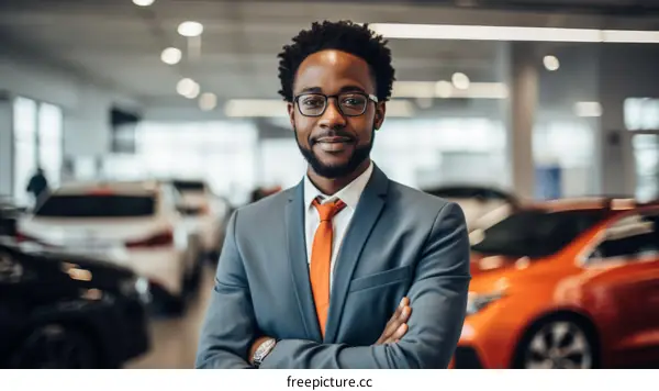Portrait of a car salesman standing in a showroom