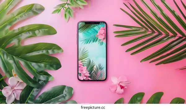 Pink Background with Green Leaves and a Smartphone Displaying Tropical Wallpaper