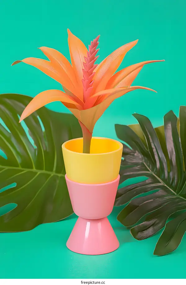 Tropical Flower in Colorful Pots on Green Background