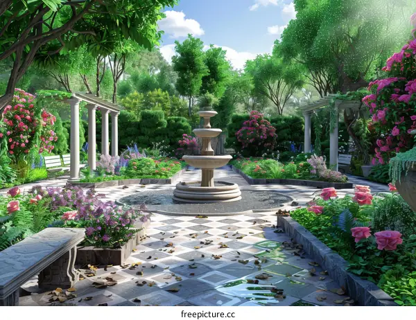 Courtyard with Fountain and Flowers