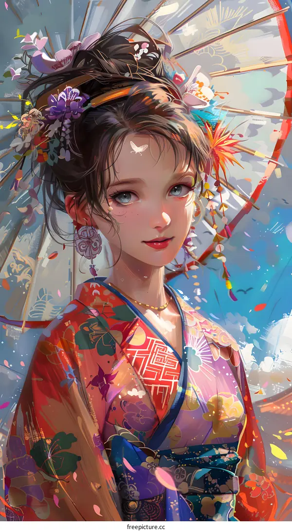 A beautiful Japanese woman with traditional makeup and hair accessories.