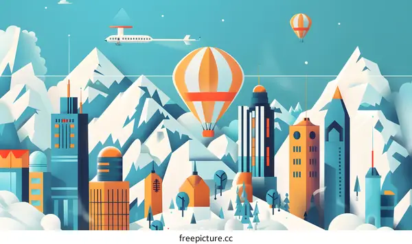 Abstract Cityscape with Hot Air Balloon and Mountains