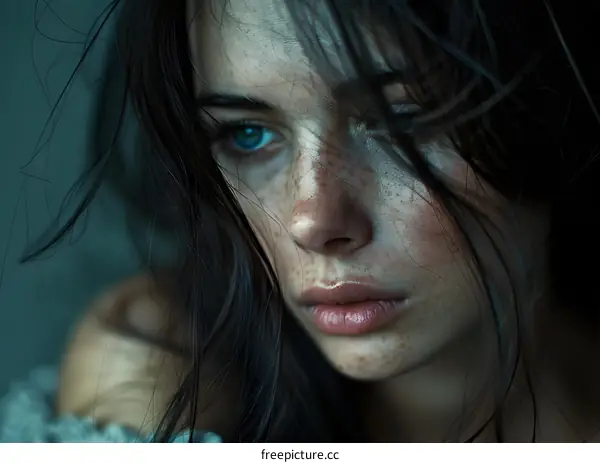 Portrait of a young woman with freckles and blue eyes
