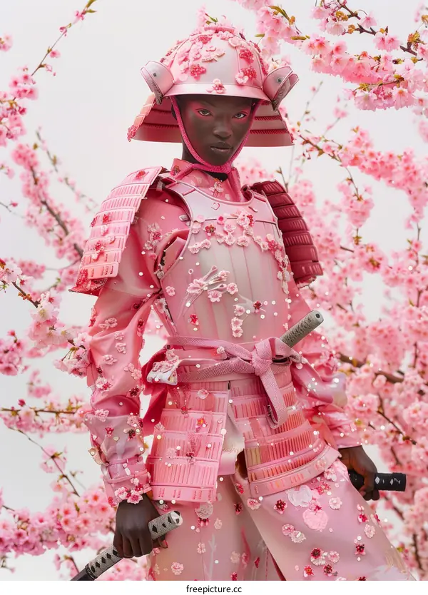 Black model in pink samurai armor and helmet stands in front of a wall of pink cherry blossoms