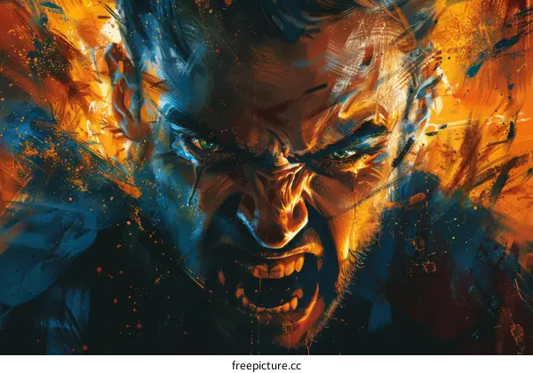 Aggressive Man Close Up Portrait with Splashes of Orange and Blue Paint