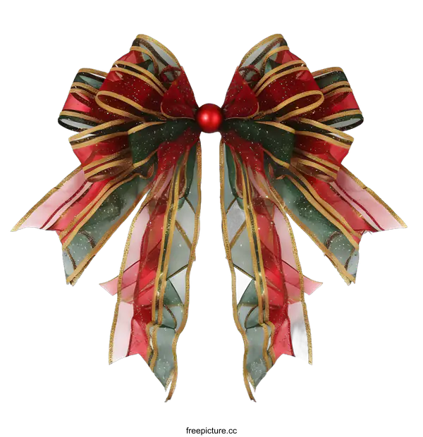 [Transparent Background PNG]Red Green Gold Christmas Bow with Glittery Texture
