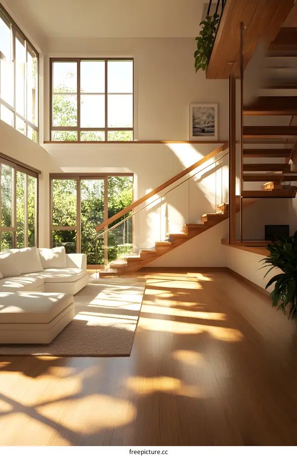 Modern Living Room Interior Design With Wooden Staircase And White Sofa