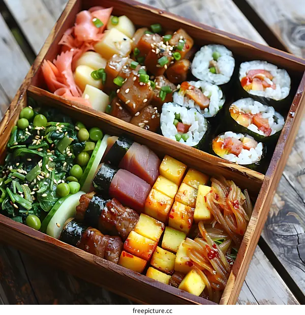 A delicious and healthy bento box with sushi, vegetables, and fruit