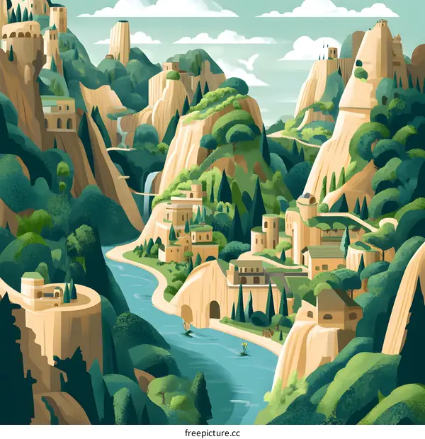 Illustrated Landscape with River and Mountains