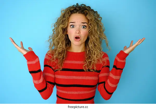 Surprised Woman in Red Striped Sweater