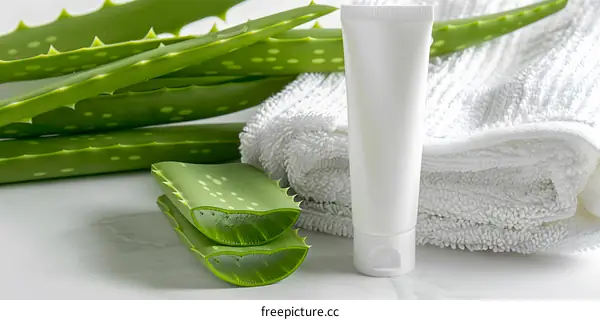 Aloe Vera Plant with Cream Tube and White Towel on White Background