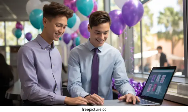 Two male students in dress shirts and ties smile while looking at a laptop.