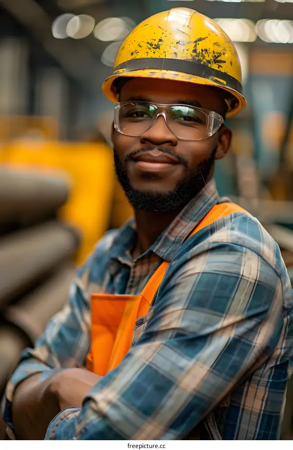 Confident African American factory worker in hard hat and safety glasses