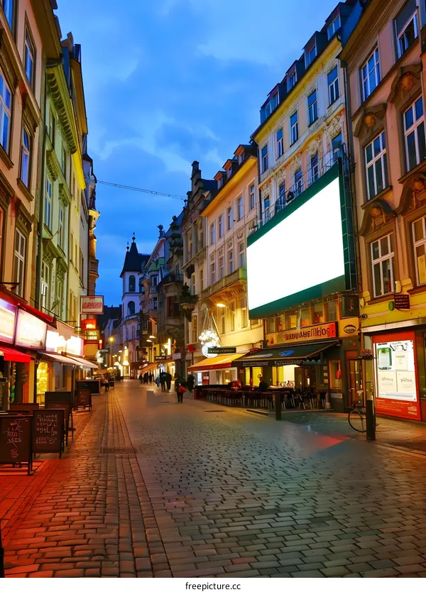 Empty Street in European City at Night with a Blank Billboard