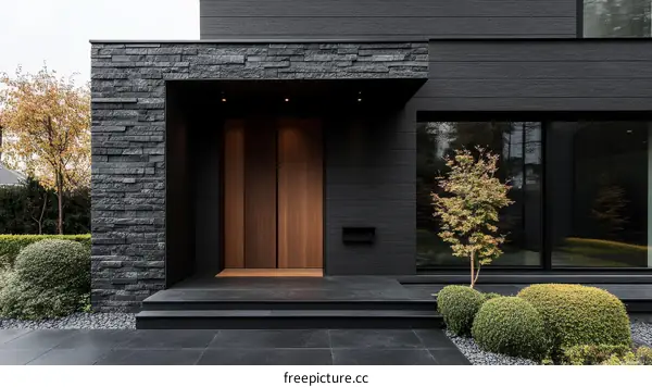 Modern Exterior Home Entrance with Dark Stone and Wood