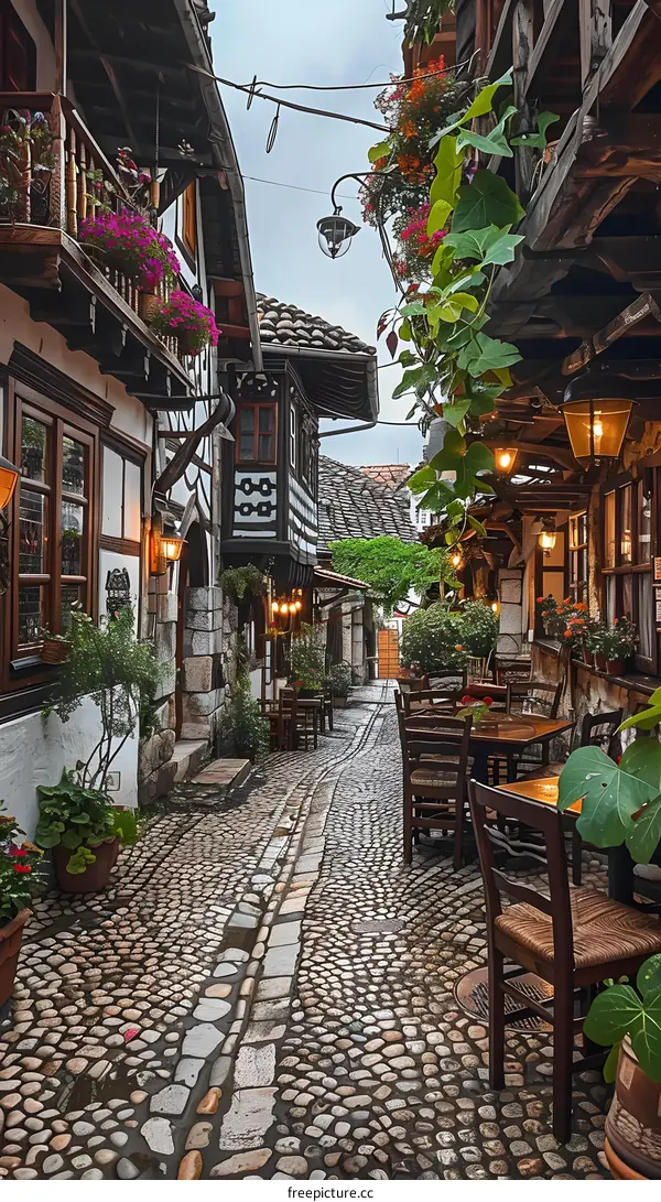 Cobblestone Street in Old Town with Flowers and Plants
