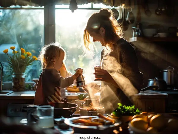 Mother and daughter cooking together in the kitchen