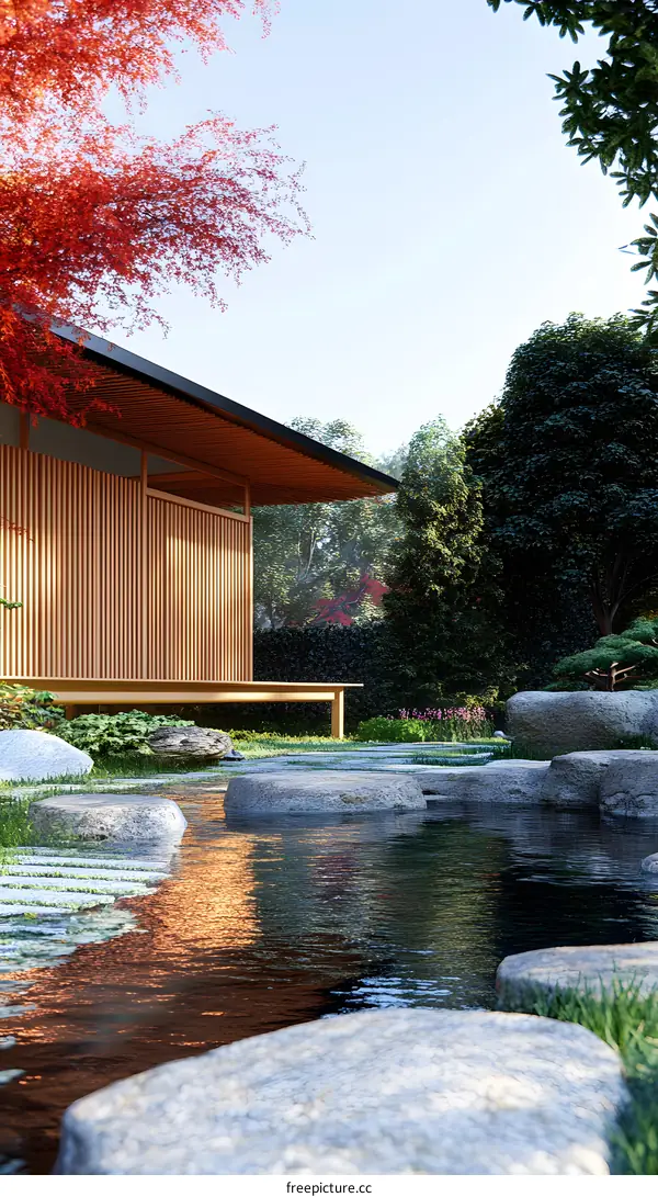 Zen Garden Design Featuring Wooden Pavilion and Pond with Stepping Stones