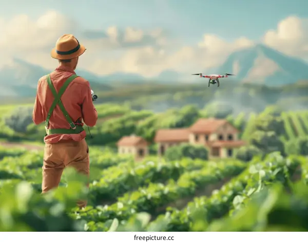 Farmer Using Drone for Crop Monitoring in Agricultural Field