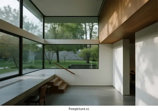 Modern interior space with large windows and wooden elements