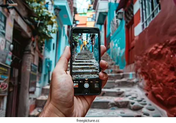 Hand Holding a Smartphone Taking a Photo of Colorful Stairs